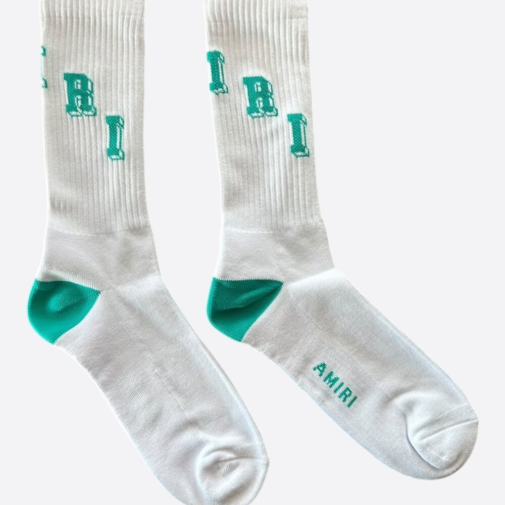 Amiri White & Teal Collegiate Logo Socks